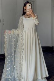 White Plain Anarkali Gown With Embroidered Dupatta