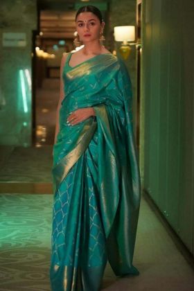 Alia Bhatt Wear Teal Blue Jacquard Work Saree