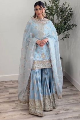 Baby Blue Faux Georgette Sequence Work Sharara Suit