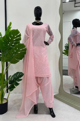 Baby Pink Color Mehendi Wear Foux Gorgette Choudidar Suit Set