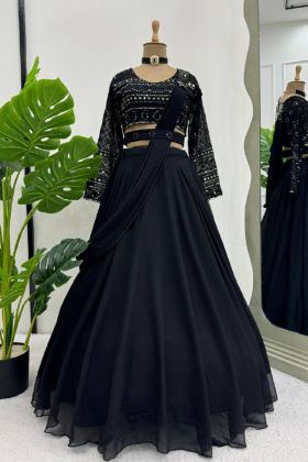 Black Color Foux Gorgette Festival Wear Semi-Stitch Lehenga Choli