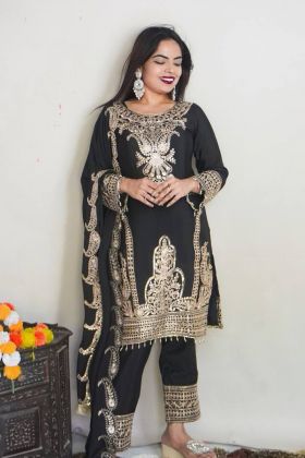 Black Designer Chinnon Silk Embroidery Work Wedding Wear Top Suit