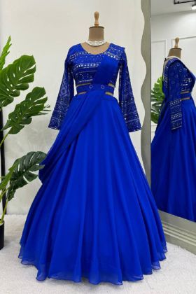 Blue Color Foux Gorgette Festival Wear Semi-Stitch Lehenga Choli