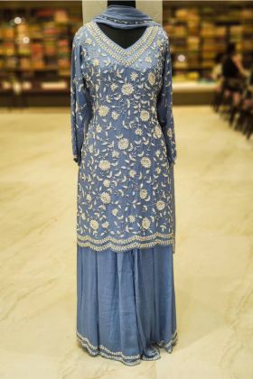 Blue Color Wedding Wear Faux Georgette Sequence Work Plazzo Suit