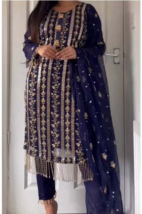 Dark Blue Color Designer Long Top Sequence Work Attached Moti Latkan