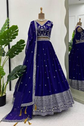 Dark Blue Color Foux Gorgette Wedding Wear thread Sequnce Lehenga Choli