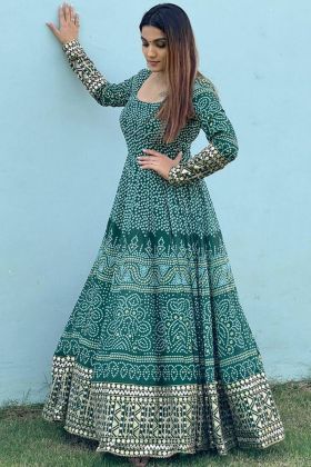 Dark Green Bandhani Printed Anarkali Style Long Gown