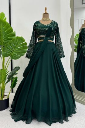 Dark Green Color Foux Gorgette Festival Wear Semi-Stitch Lehenga Choli