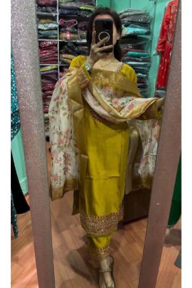 DarK Yellow Color Heavy Chinon Silk Designer Readymade Top  Bottom