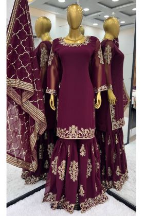 Designer Party Wear Faux Georgette Dark Pink Top Gharara Suit