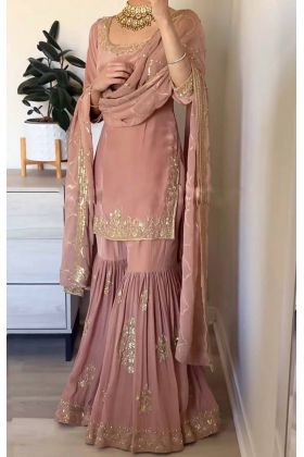 Designer Party Wear Faux Georgette Pink Top Gharara Suit