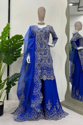 Fancy Blue Chinon silk Thread Sequence Festival Wear Plazzo Suit