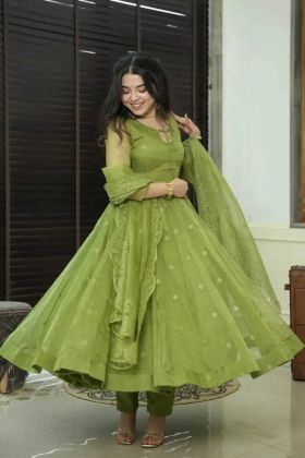 Faux Georgette Green Color Festival Wear Top Bottom Suit Set