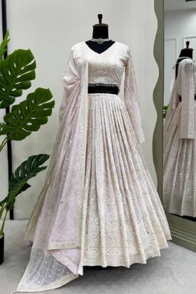 Foux Gorgette Wedding Wear thread Sequnce White Lehenga Choli