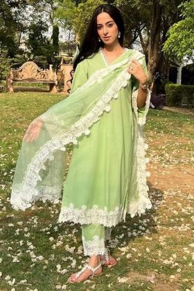 Green Fancy Gpo Lace Straight Kurti With Pant