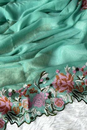 Green Glossy Silk Cross Stich Embroidery Work Latest Wedding Wear Saree