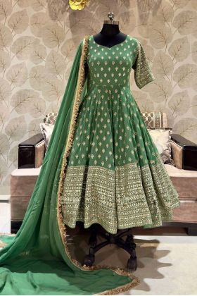 Green Party Wear Chinnon Silk Embroidery Work Fancy Gown