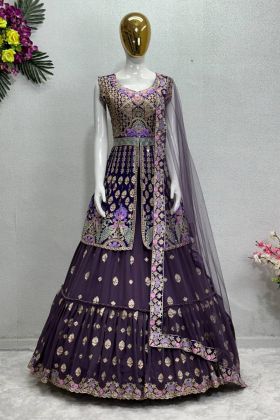 Half Sleeves Chine Stitch Work Bridal Wear Purple Lehenga Choli