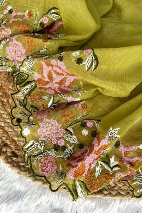 Lemon Glossy Silk Cross Stich Embroidery Work Latest Wedding Wear Saree