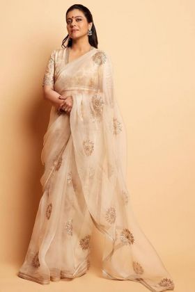 Movies Actress Kajol Wear Cream Organza Saree