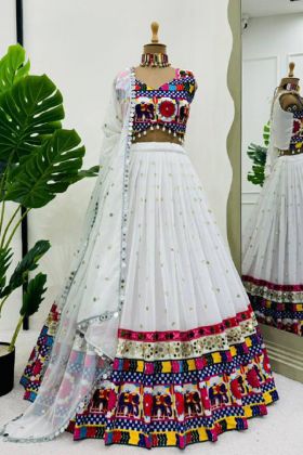 Navratri Special Foux Gorgette Fancy Semi-Stitch White Lehenga Choli