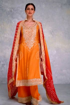 Orange Heavy Chinon Sequence Work Wedding Wear Top Bottom