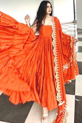 Orange Ruffle Readymade Long Gown