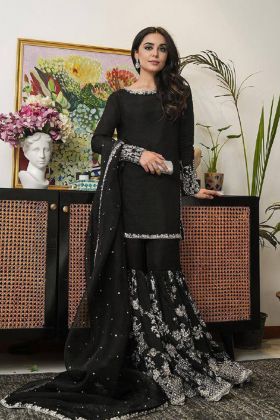 Party Wear Foux Gorgette Black Sharara Salwar Suit Set