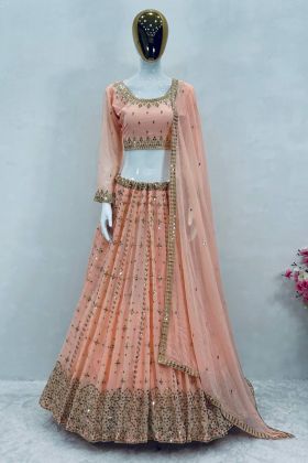 Peach Faux Georgette Embroidery Work Festival Wear Lehenga Choli