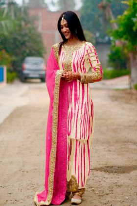 Pink Color Wedding Wear Chinnon Silk Top Patiala Suit Set