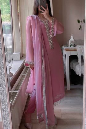 Pink Faux Georgette Party Wear Fancy Top Pant Suit