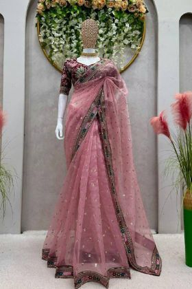 Pink Festival Wear Organza Silk Sequnce Work Latest Saree