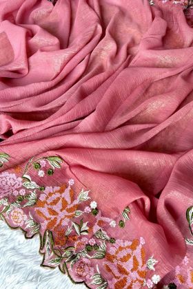 Pink Glossy Silk Cross Stich Embroidery Work Latest Wedding Wear Saree