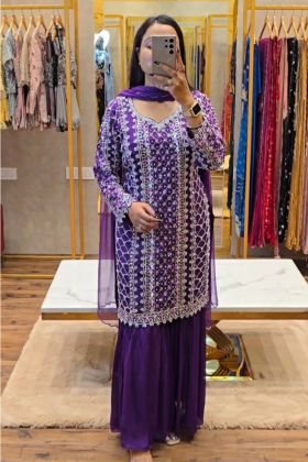 Purple Chinon Silk Sequnce Weding Wear Sharara Suit Set