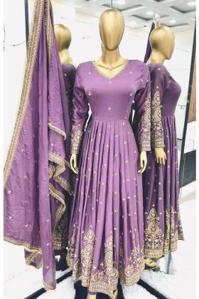 Purple Color Chinnon Silk New Design Wedding Wear Gown