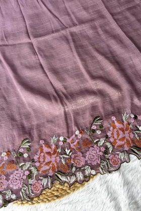 Purple Glossy Silk Cross Stich Embroidery Work Latest Wedding Wear Saree