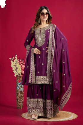 Sharara Dupatta Set in Purple Pure Heavy Chinnon Embroidered