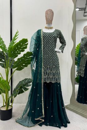 Reception Wear Faux Georgette Thred work Dark Green Sharara Suit