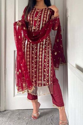 Red Color Designer Long Top Sequence Work Attached Moti Latkan