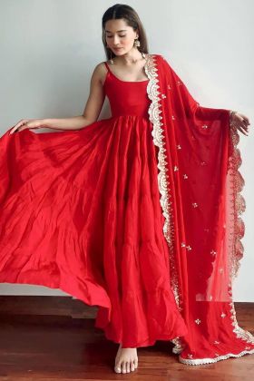 Red Heavy Georgette Ruffle Gown