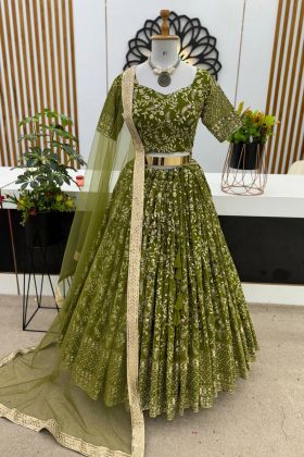 Sequence Work Faux Georgette Wedding Wear Green Lehenga Choli