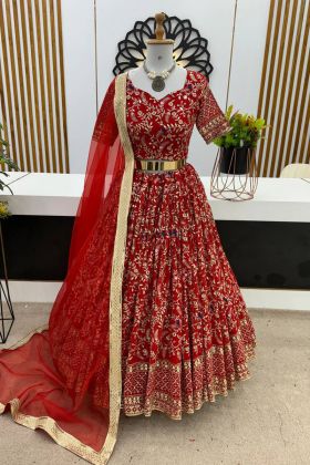 Sequence Work Faux Georgette Wedding Wear Red Lehenga Choli