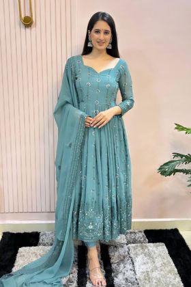 Sky Blue Festive Wear Faux Georgette Embroidery Work Gown