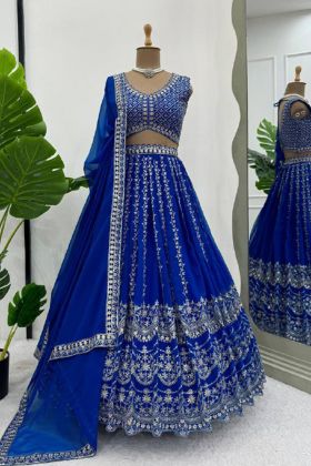 Thread Sequnce Foux Gorgette Wedding Wear Fancy Blue Lehenga Choli