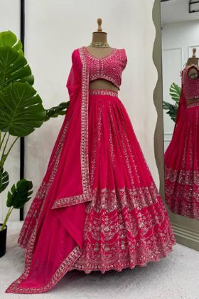 Thread Sequnce Foux Gorgette Wedding Wear Fancy Pink Lehenga Choli