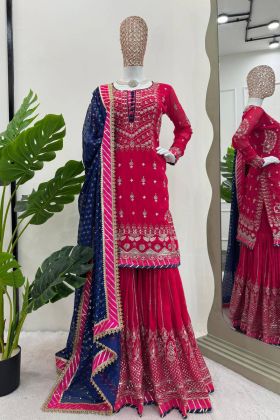 Wedding Wear Foux Gorgette Thread Sequence Pink Sharara Suit