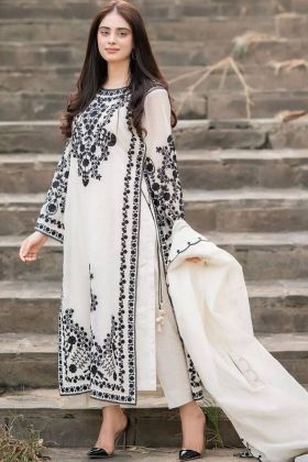 White Faux Georgette Embroidery Work Straight Dress