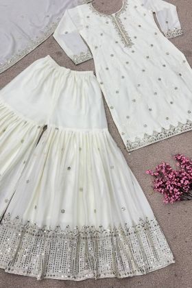 White Pure Heavy Chinon Silk Embroidery Work Sharara Dress