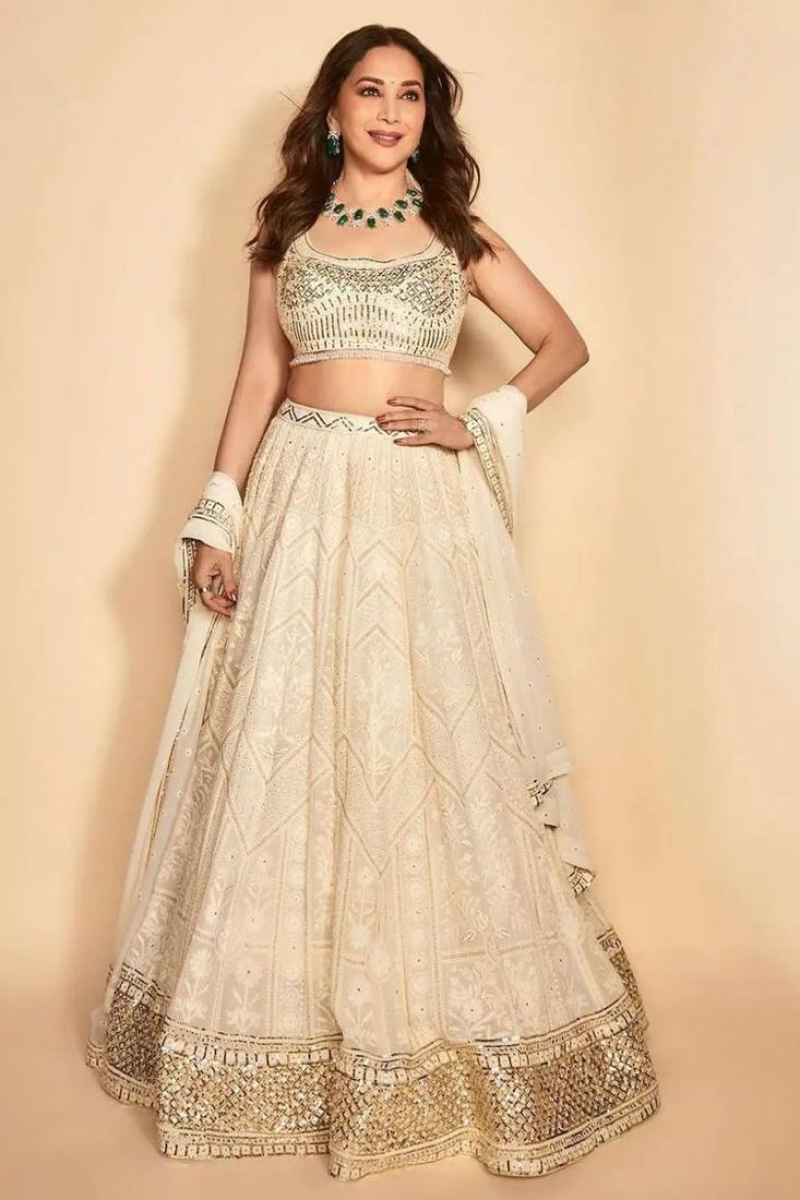 Buy Ivory Self Embroidery Chinon Lehenga Online in USA with Dupatta – Pure  Elegance