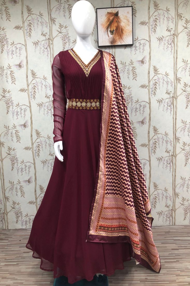 Actress Madhuri Dixit Wear Maroon Sequence Work Anarkali Gown